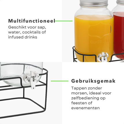Cheqo® Dubbele Glazen Drankdispenser met Kraantje - Limonadetap - Waterdispenser - Watertap - Drankendispenser - Sapdispenser - 4L - Met Standaard - Ideaal voor Feestjes