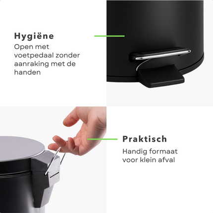 Cheqo® Pedaalemmer Keuken - Afvalemmer - Prullenbak - 12L Zwart - Ronde Afvalemmer Keuken - Stijlvol Design