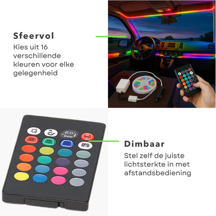 Cheqo® LED Strip 2 Meter - RGB LED Strip - Zelfklevende LED Strip - Draadloze Afstandsbediening - 12V/24V Aansluiting - Sfeerverlichting LED - Auto LED Verlichting - Caravan LED Strip - Dimbare LED Strip - 60 Led's - Infrarood Bediening