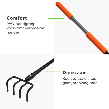 Cheqo® Tuinhark - Glasvezel Steel - Koolstofstaal Kop - 4-Tands Hark - Lichtgewicht Tuinhark - Duurzame Tuinhark - Comfortabele Grip - PVC Handgreep - Tuinieren Gereedschap - Bladeren Opruimen - Tuinafval Verwijderen - Grond Voorbereiden