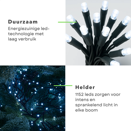 Cheqo® Kerstverlichting - Kerstlampjes - Kerstboomverlichting - 1152 LED - Koel Wit - Verlichte Lengte 1490 CM - Controller met 8 Lichtfuncties - Geheugenfunctie - Automatische Timer - IP44 Adapter - Binnen en Buiten