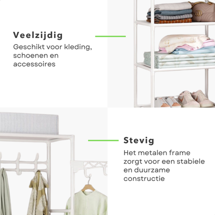 Cheqo® Metalen Kledingrek - Garderoberek - Kleerkast - Kleding Kast - Garderoberek - Kapstok - 3 Legplanken - Wit - 170 cm Hoog - Praktisch Opbergen