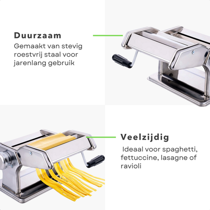 Cheqo® Pasta Machine - Pastamaker - Verse Pasta Maken - Roestvrijstaal - Handmatige Bediening - Tafelklem - Spaghetti Maken - Fettuccine Snijden - Lasagne Vellen - Ravioli Maken - 9 Standen - Pastadikte Instellen - Pastamachine
