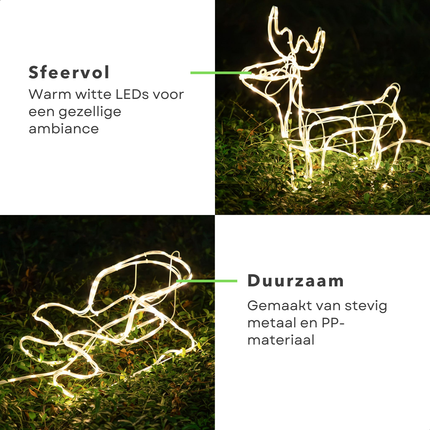 Cheqo® Rendier Met Slee voor Buiten - Kerstverlichting Buiten - Kerst Rendier met Arreslee - Warm Wit LED Slangverlichting - 160 cm - Metaal & PP - IP44