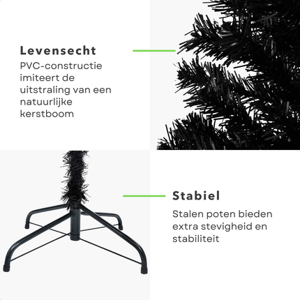 Cheqo® Zwarte Kerstboom - Kunstkerstboom 180 cm - Inclusief LED-Verlichting en Kerstballen - PVC en Staal