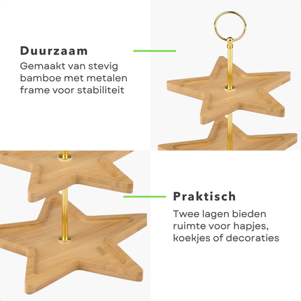 Cheqo® Kerst Etagere - 2 Lagen - Bamboe Etagere - Stervorm Etagere - Kerstdecoratie - Serveertoren - Bamboe En Metaal - Kersttafel Decoratie - Lichtgewicht Etagere - Kerstontbijt - Kerstdiner
