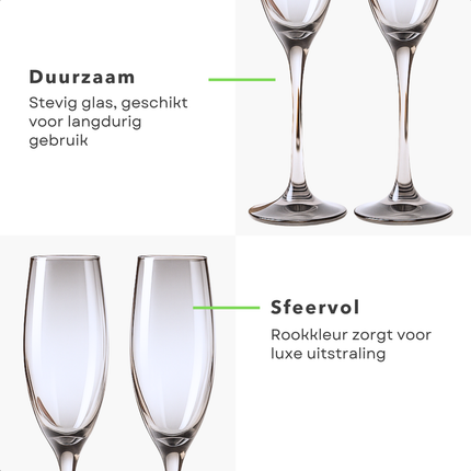 Cheqo® Luxe Champagneglazen Set - Luxe Champagne Glazen Set Smoked - Vaatwasserbestendig - Champagne Glas Set - Donker - Glazenset