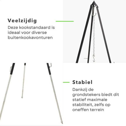 Cheqo® Driepoot Standaard - Stabiel Buiten Koken - 150cm - In Hoogte Verstelbaar - Camping - BBQ Statief - Tripod - Extra Sterk - Grondstekers - Metaal - Kookstatief Driepoot Barbecues