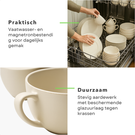 Cheqo® Serviesset 8 Persoons - 40-Delige Serviesset - Witte Serviesset - Aardewerk Servies - Vaatwasserbestendig Servies - Magnetronbestendig Servies - Elegante Tafelsetting - Borden En Kommen - Kopjes Met Schotel - Ronde Borden