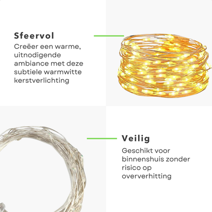 Cheqo® Kerstverlichting - Kerstboomverlichting - Kerstlampjes - Zilverdraad - Warmwitte LED Lampjes - Binnenverlichting 495 cm - 100 Lampjes