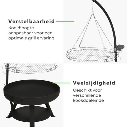 Cheqo® Verstelbare Barbecue - BBQ - Houtskool Barbecue - Metalen Vuurschaal Buitenhaard - Verstelbare Kookhoogte - Tuinhaard met BBQ