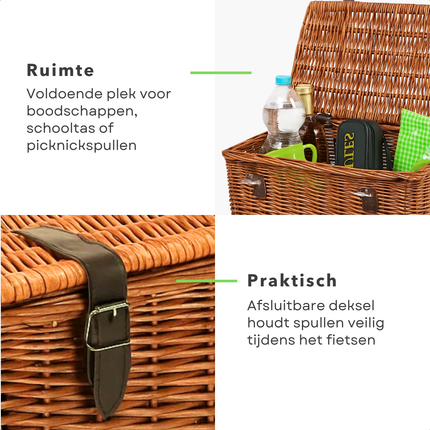 Cheqo® Fietsmand Riet 30L – Bakkersmand Bruin met Deksel & Riempjes – Voorrek Fietsmand – Nostalgisch Design – Vaste Montage – Picknickmand – Boodschappenmand – Stevige Rieten Mand voor Omafiets