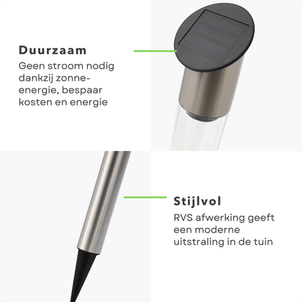 Cheqo® Solar Tuinlamp – Tuinverlichting op Zonne-Energie – LED Tuinlamp – Roestvrij Staal – Automatisch Inschakelen – Koud Wit Licht – Grondpin - Padverlichting - Tuinlamp Zonnepaneel - Zonne Energie Tuinverlichting