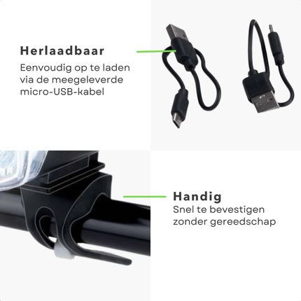 Cheqo® Fietsverlichting Set - USB Oplaadbaar - Spatwaterdicht IP44 - LED Knippermodi - Gereedschapsloze Installatie