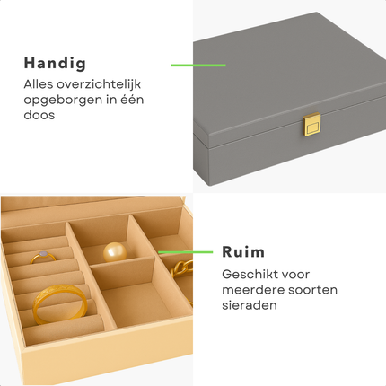 Cheqo® Sieradendoos Kunstleer - Bijouteriedoos - Sieradenkoffer - Juwelendoos - Sieraden Organizer - Grijs - Sieraden Doos - Sieradendoosje Met Kettinghaakjes en Ringklemmen