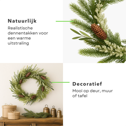 Cheqo® Groene Kerstkrans - Ø40 cm - Dennenappels - Dennentakken - Langwerpige Blaadjes - Natuurlijke Uitstraling - PE Materiaal - Deurdecoratie - Wanddecoratie - Kerstversiering - Sfeervolle Krans - Deurkrans - Kunstkerstkrans