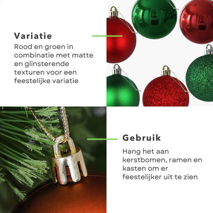 Cheqo® Luxe Kerstballen Set - Onbreekbaar - Rood/Groen - Plastic - Kerstboomversiering - Kerstversiering - Verschillende Formaten & Designs - Kerstboom - Kerstballenset - Kerstdecoratie - 50 Stuks - Met Ophangoog - Mat - Glanzend - Glitters Kerstballen
