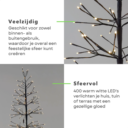 Cheqo® Sfeervolle Lichtboom - Kerstboom - 180 Cm - 400 Warm Witte LED's - Sfeerverlichting - Kerstverlichting - Kerstlampjes - Takken met Verlichting - Voor Binnen en Buiten - Met Metalen Standaard - 500 cm Aansluitsnoer - Kerstversiering Lichttakken