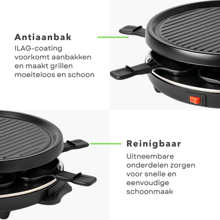 Cheqo® Raclette Grill - 6 Persoons - Stalen Grillplaat - Gourmet - Gourmetten - Antiaanbaklaag - PFAS-Vrij - Anti-Slip Voetjes - Houten Spatels - Eenvoudig Te Reinigen - Compacte Raclette