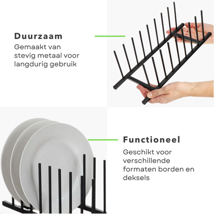 Cheqo® Zwart Metalen Bordenhouder - Pannendeksel Houder - Dekselhouder - Keuken Organizer - Afdruiprek