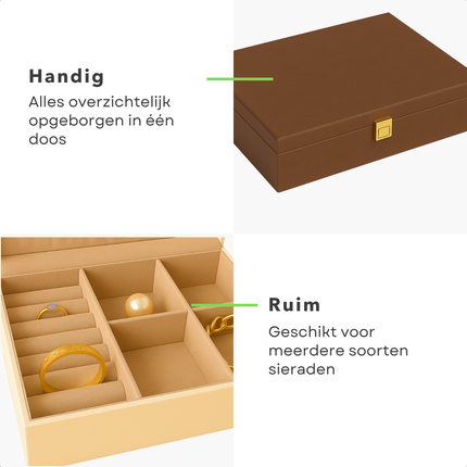 Cheqo® Sieradendoos Kunstleer - Bijouteriedoos - Sieradenkoffer - Juwelendoos - Sieraden Organizer - Bruin - Sieraden Doos - Sieradendoosje Met Kettinghaakjes en Ringklemmen