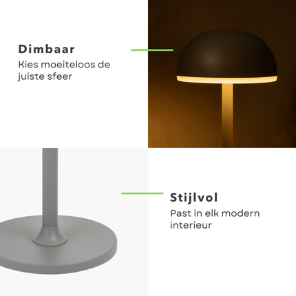 Cheqo® Luxe Metalen Tafellamp - Usb-C Oplaadbaar - Grijze Lamp - Dimbare LED - 3 Kleur Modes - LED Warm Wit - Oplaadbare Batterij - Tafel Lamp - Nachtlamp