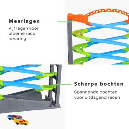 Cheqo® Racebaan met Vijf Lagen - Inclusief 2 Raceauto's - Educatief Speelgoed - Kunststof