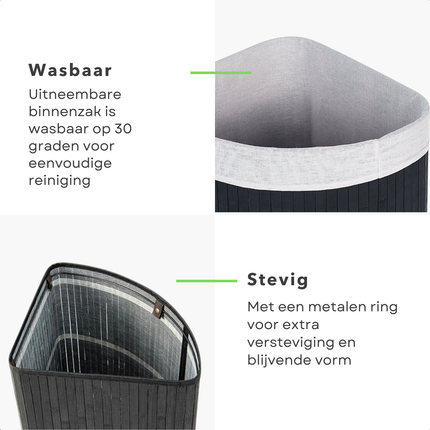 Cheqo® Bamboe Wasmand met Waszak - Hoekmodel - Wassorteerder Opvouwbaar 72L - Zwart - Met Deksel en Binnenzak