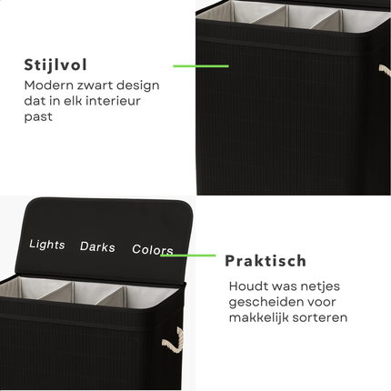 Cheqo® Wasmand 3 Vakken - Wassorteerder - Bamboe Materiaal - Zwart Design - 100 Liter Inhoud - Licht Donker Kleur - Makkelijk Te Monteren - Geen Gereedschap Nodig - Wasbare Binnenzak - Wasgoed Organizer