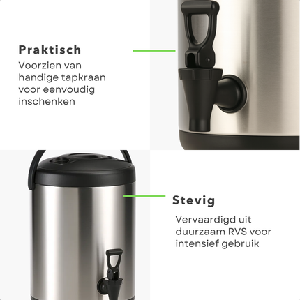 Cheqo® Thermos Drankdispenser - 10 Liter Inhoud - RVS Materiaal - Dubbelwandig Isolerend - Warme En Koude Dranken - Tapkraan - Opklapbare Pootjes - 40 cm Hoogte - 22 cm Diameter - Thermoskan - Drank Serveren