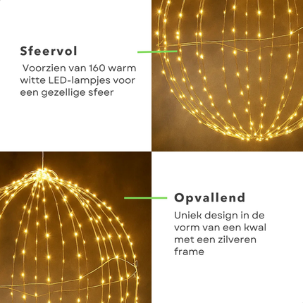 Cheqo® Kerstverlichting Buiten - Decoratieve Bal - Warm Witte LED - Spatwaterdicht - Tuinverlichting - Kerstdecoratie - Zilveren Frame - LED Lampjes - Timer Functie - 50 CM Diameter - Hangende Verlichting - IP44 - Kerst Decoratie