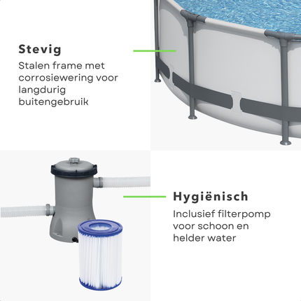 Cheqo® Opzetzwembad Rond – Familie Zwembad met Frame – Bovengronds Zwembad met Filterpomp – 10220L – Duurzaam PVC – Roestbestendig – Waterpret in de Tuin – Eenvoudig Zonder Gereedschap – Zomerse Verkoeling