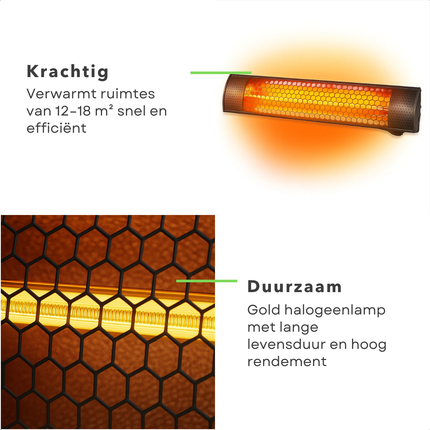 Cheqo® Elektrische Terrasverwarmer - Infrarood Verwarming - 2000W Vermogen - Hangend Model - IP55 Bescherming - Spatwaterdicht - Binnen En Buiten Gebruik - Gouden Halogeenlamp - Wand- Of Plafondmontage - Energiezuinig