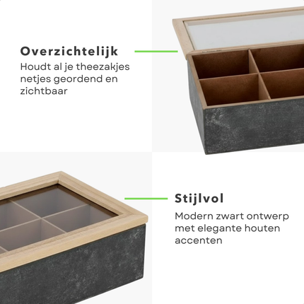 Cheqo® Theedoos 6 Vaks - Theedoos met Vakken - Theekist - Theezakjes Doos - Theezakjes Opbergdoos - Thee Organizer - Theedoos Zwart - Theedoos met Glazen Deksel