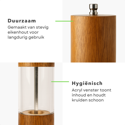 Cheqo® Eikenhouten Pepermolen - Eikenhouten Zoutmolen - Instelbare Maalgraad - Keramisch Maalwerk - Set van 2 - met Houder - Peper Zoutstel - Geschikt voor Kruiden - Fijn tot Grof Malen - Pepermolen en Zoutmolen Set