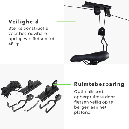 Cheqo® Fietslift Plafondmontage - Ophangsysteem - Fietstakel - Max. 45 kg - Fietsophangsysteem voor Garage - Incl. Bevestigingsmateriaal