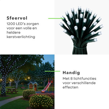Cheqo® Microcluster Kerstverlichting - Kerstlampjes - Kerstboomverlichting - 1200 LED Lampjes - 24 Meter Lengte - Wit Koelwit - Binnen en Buiten - 8 Lichtfuncties - Geheugenfunctie - Timer 8 Uur - IP44 Adapter