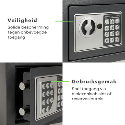 Cheqo® Elektronische Kluis - Met Cijferslot & Noodsleutel - Staal - Muurbevestiging - Donkergrijs