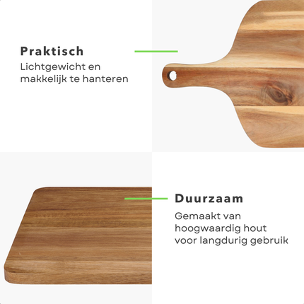 Cheqo® Houten Snijplank Groot - Serveerplank Keuken - Borrelplank - Tapasplank - Serveerschaal - Met Handvat - Duurzaam Hout