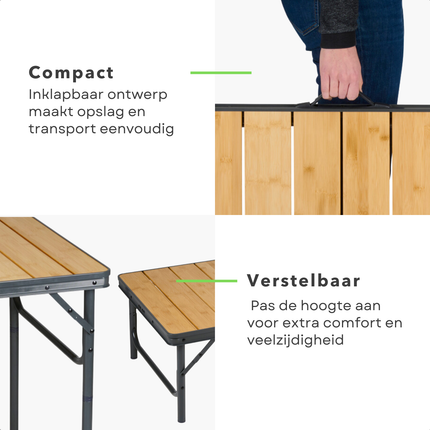 Cheqo® Klapbare Bamboe Campingtafel - Inklapbare Camping Tafel - Balkontafel - Tuintafel - Lichtgewicht en Opvouwbaar - Aluminium Frame