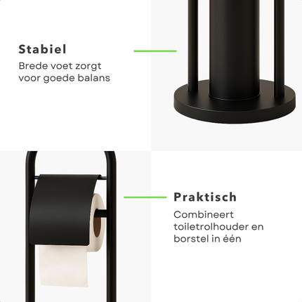 Cheqo® Vrijstaande Toiletbutler - Vrijstaand Toilet Butler - Zwart RVS - Touletborstel met Houder - WC Rol Houder - Rolhouder - Moderne Toiletaccessoires - 80 cm Hoog - Stijlvol en Duurzaam
