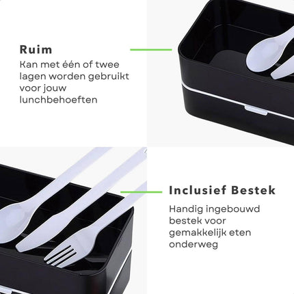 Cheqo® Kunststof Lunchbox - 2-laags - Met Bestek - Vaatwasmachinebestendig - Inclusief Sluitband - Onderweg Eten -  Bewaarbakjes - Meal Prep Bakje - Vershouddoos - Voedselcontainer - Vaatwasserbestendig - 1.2L Broodtrommels