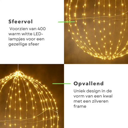 Cheqo® Kerstverlichting Voor Buiten - Verlichte Bal - 400 LED Lampjes - Klassiek Wit Licht - Timer Functie - Spatwaterdicht - Metalen Frame - Lichtgrijze Kleur - Diameter 60 CM - Decoratieve Bal - Hangende Verlichting - IP44 Bescherming