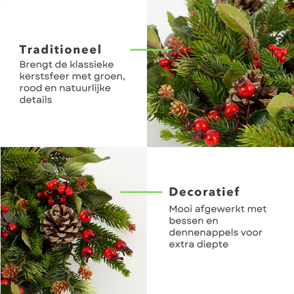 Cheqo® Kerstkrans - Groene Dennentakken - Rode Bessen - Bruine Dennenappels - Traditionele Kerstdecoratie - Gezellige Sfeer - Polyetheen Materiaal - Ø50 cm - Ophangbaar - Krans Met Gat - Deurkrans - Kerst Krans