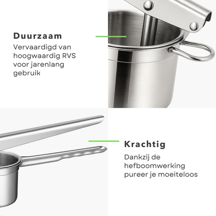 Cheqo® Aardappelpers RVS - Pureestamper - Aardappelpuree Maken - Met 3 Schijven - Eenvoudig Te Reinigen - Geschikt Voor Groenten En Fruit - 304 stainless steel - Hefboomwerking - Grof, Middel, Fijn Schijven - Multifunctionele Pers