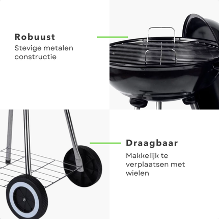 Cheqo® Houtskool Barbecue - Kogelgrill Houtskoolbarbecue - BBQ - Barbecue met Wielen - Zwart Metaal - Op Wielen