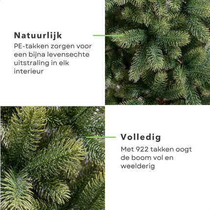 Cheqo® Kunstkerstboom - Nagoya Kerstboom - Levensechte Takjes - PE Materiaal - Natuurlijke Look - Scharnierconstructie - Takken Modelleren - Klassieke Uitstraling - Volle Kerstboom - 922 Takken - Groene Kerstboom