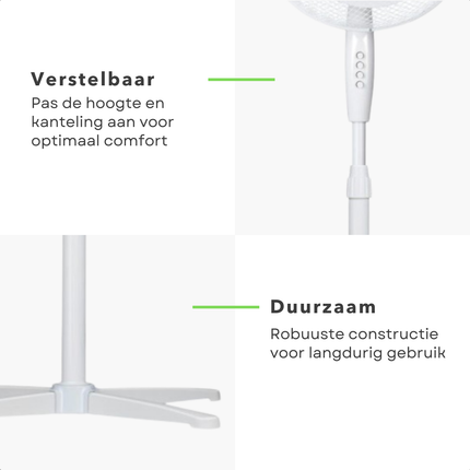 Cheqo® Ventilator - Statiefventilator - Koelventilator Woonkamer - 45W Verstelbaar - Airco Alternatief - Wit Design
