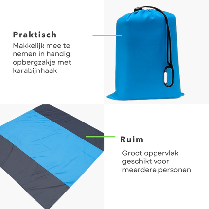 Cheqo® Strandmat Waterafstotend - Picknickkleed Groot - Lichtgewicht Strandmat - Opvouwbare Picknickkleed - Strandmat Met Haringen - Picknickkleed Met Opbergzak - 210x200 cm Kleed - Blauw Grijs Kleed - Polyester Strandmat