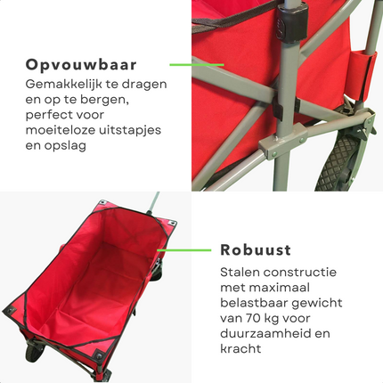 Cheqo® Robuuste Bolderkar - Opvouwbaar en Uitklapbaar - Hoge Draagcapaciteit - Voor Boodschappen & Vervoer - 90x49x58 cm - Rood - Stevig Frame - 70 KG Draagkracht - Bolderwagen - Boodschappentrolley - Draaibare Wielen Bolderkarren